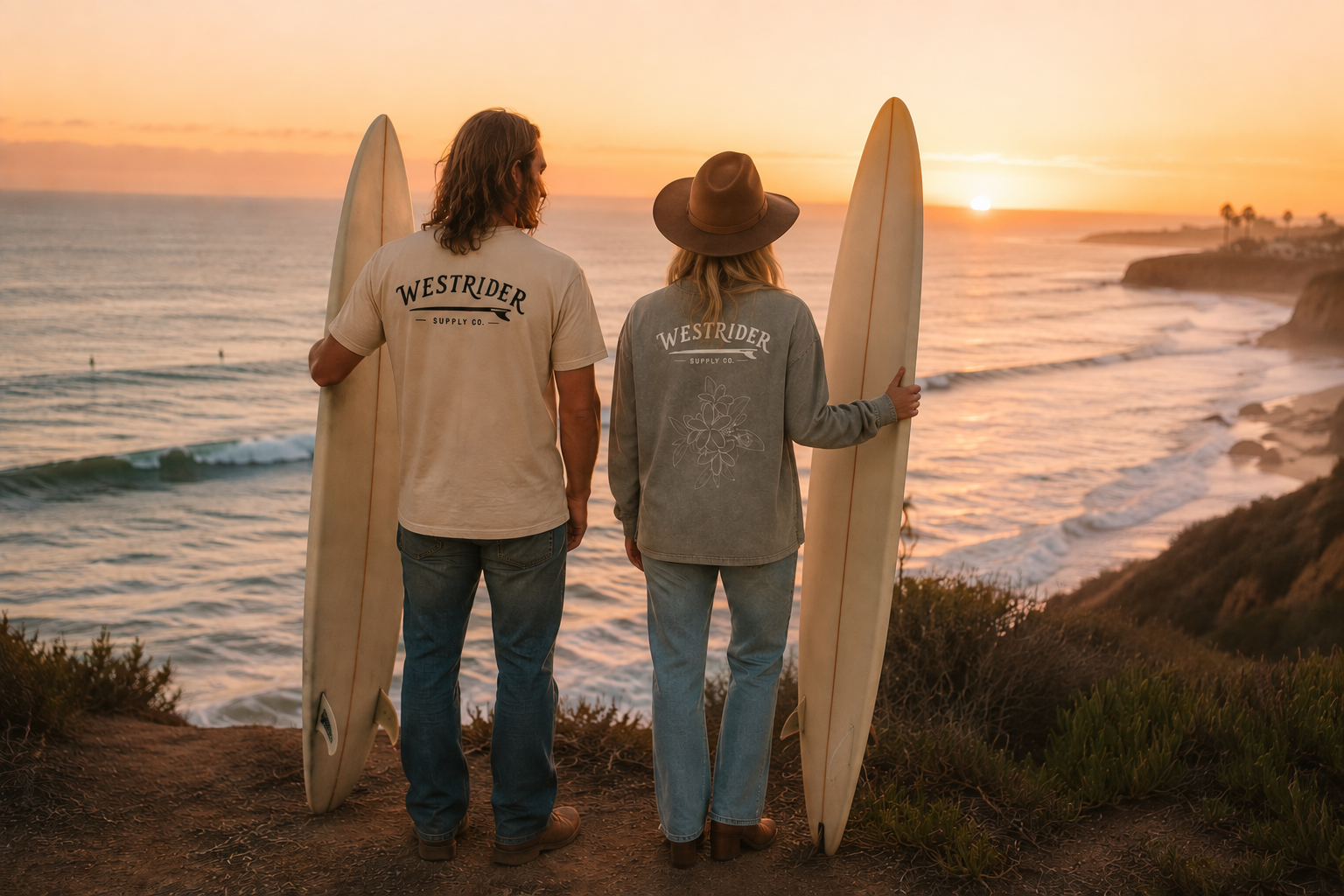 A couple standing on a coastal bluff at sunset with surfboards, wearing Westrider Supply Co. apparel